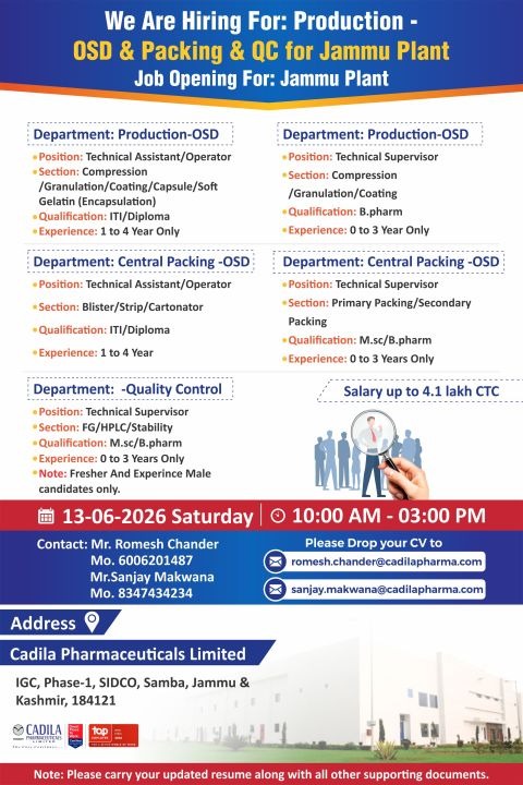 Cadila Pharmaceuticals Walk-In Interview for Production, Packing & QC Roles at Jammu Plant | Freshers & Experienced Candidates on 13 June 2026 (Saturday)