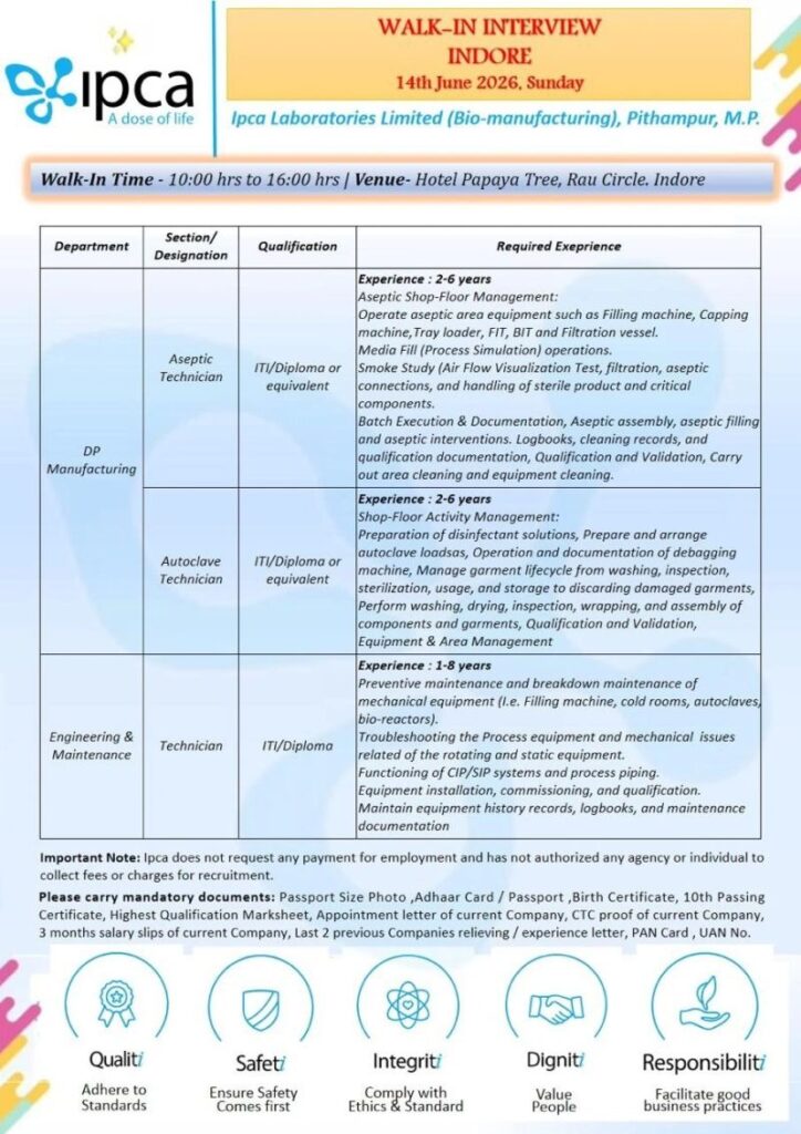 Ipca Laboratories Walk-In Interview for Aseptic Technicians, Autoclave Technicians & Engineering Technicians in Indore on 14th June 2026