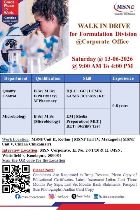 MSN Laboratories Walk-In Interview for Quality Control & Microbiology | Freshers and Experienced Candidates Apply on 13 June 2026