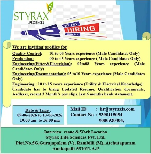 Styrax Life Sciences Hiring | Walk-In Interview for QC, Production & Engineering Jobs in Andhra Pradesh on 09 June 2026 to 13 June 2026