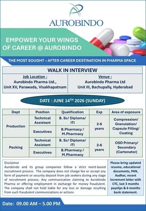 Aurobindo Pharma Walk-In Interview for Production & Packing Departments | Apply on 14 June 2026