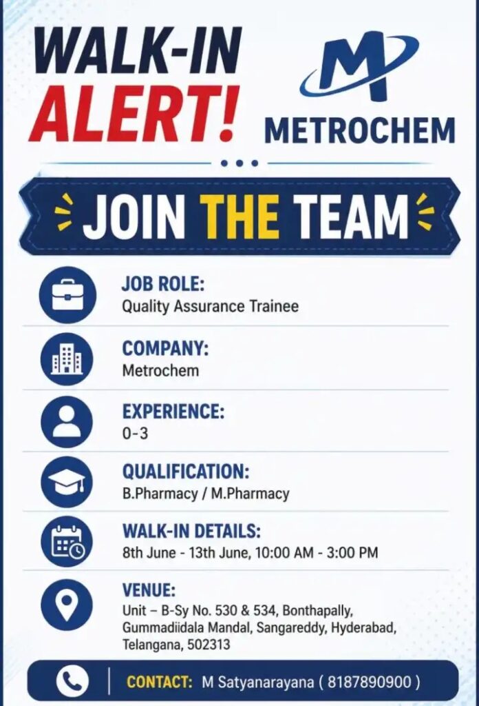 Metrochem Walk-In Interview for Quality Assurance Trainee | B.Pharm & M.Pharm Freshers and Experienced Candidates on 8th June – 13th June