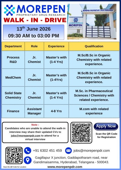 Morepen Proprietary Drug Research Walk-In Interview | Jr. Chemist & Assistant Manager Jobs in Hyderabad on 13th June 2026