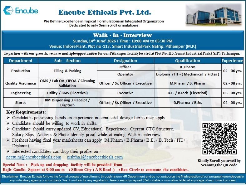 Encube Ethicals Walk-In Interview for Production, Quality Assurance, Engineering & Stores Roles at Pithampur on 14th June 2026