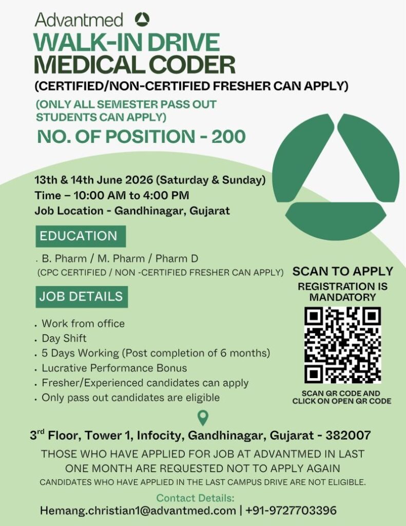 Advantmed Walk-In Drive for Medical Coder | Freshers & Experienced Pharma Candidates Can Apply on 13th June 2026 and 14th June 2026