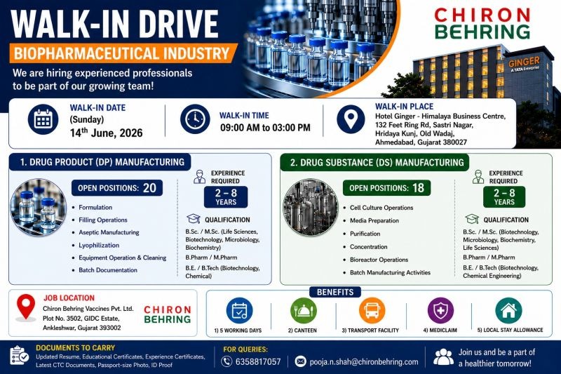 Chiron Behring Walk-In Interview for Drug Product & Drug Substance Manufacturing Professionals | Pharma Jobs in Gujarat on 14th June 2026 (Sunday)