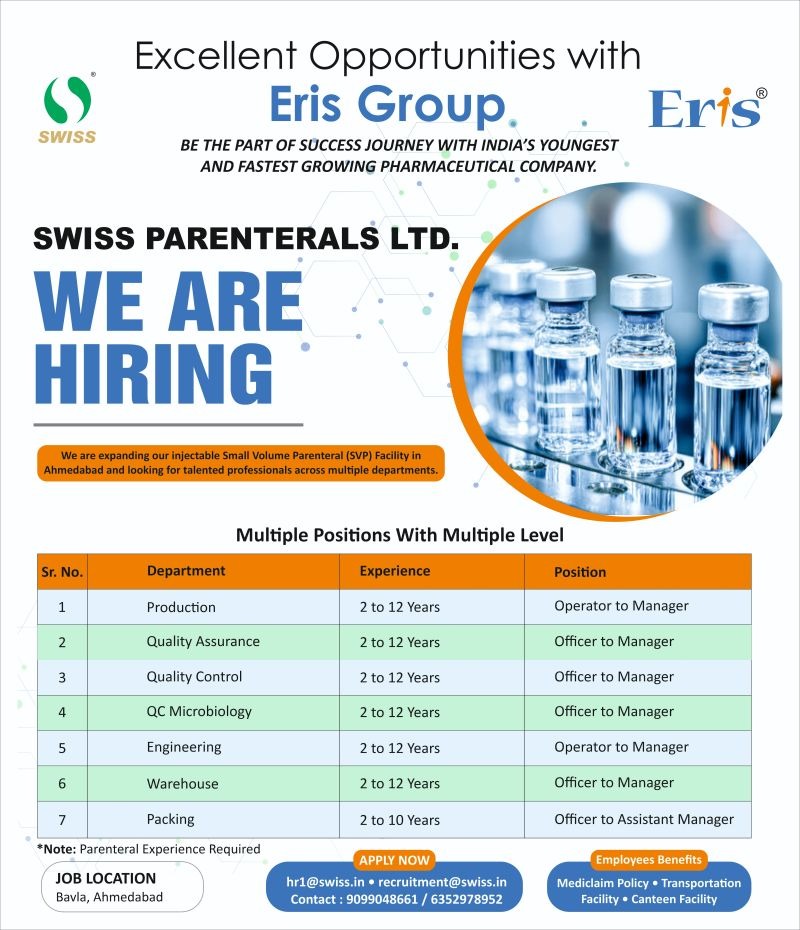Eris Group Hiring for Multiple Pharma Positions at Swiss Parenterals Ltd., Ahmedabad | Production, QA, QC, Engineering & Warehouse Jobs