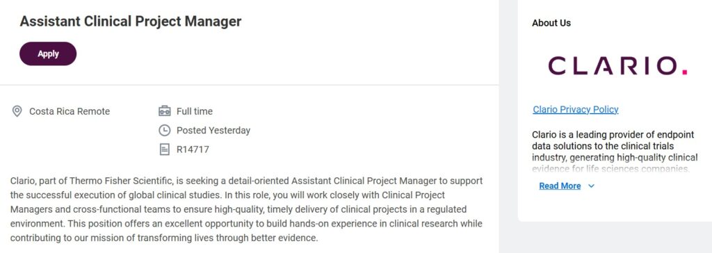 Assistant Clinical Project Manager Jobs at Clario (Thermo Fisher Scientific) – Apply Now