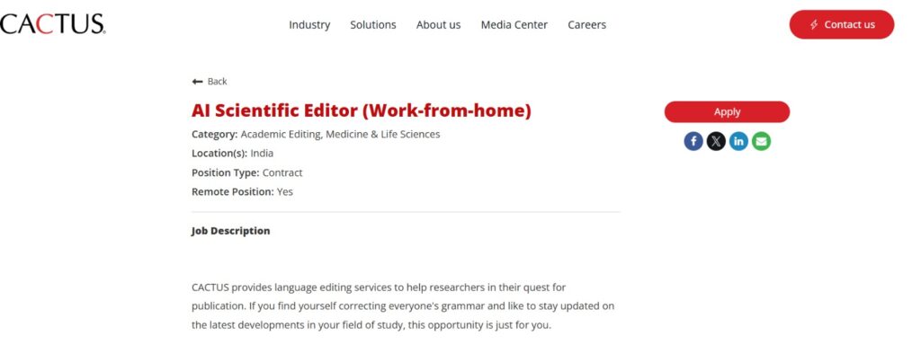 AI Scientific Editor (Work-from-Home) Job Opportunity at CACTUS – Apply Online