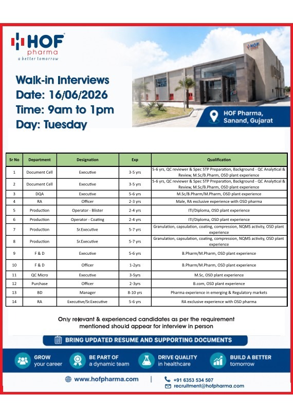 HOF Pharma Walk-in Interview | QC, Production, RA, F&D, Purchase & BD Jobs in Gujarat on 16 June 2026