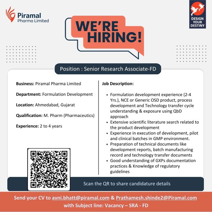 Piramal Pharma Hiring Senior Research Associate – Formulation Development | Ahmedabad Pharma Jobs