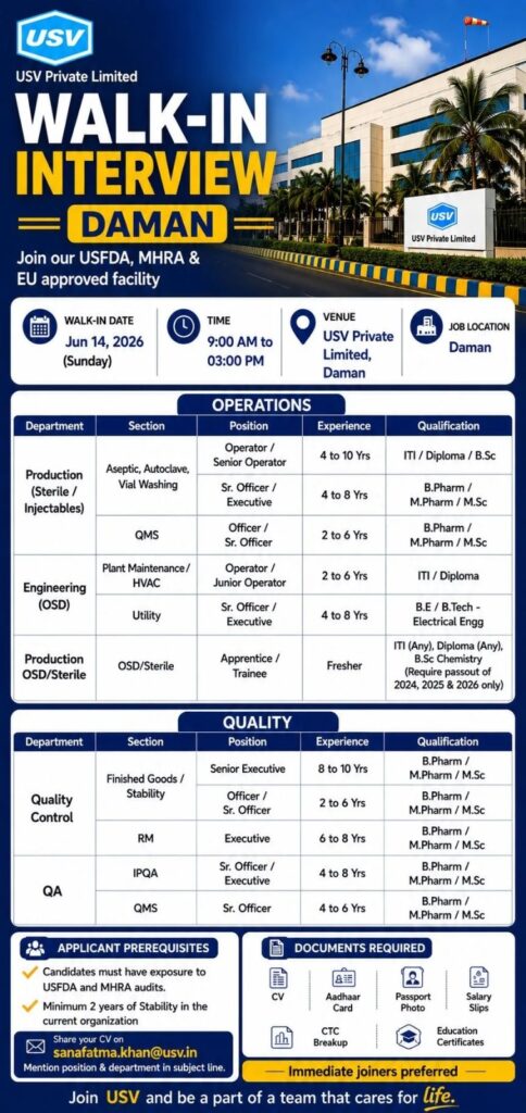 USV Walk-In Interview for Production, QA, QC, Engineering, and Apprentice Roles in Daman on 14 June 2026