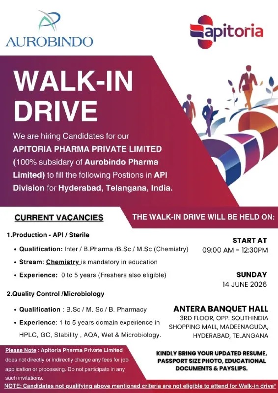 Apitoria Pharma Walk-In Interview for Production API, Sterile, Quality Control & Microbiology Roles in Hyderabad on 14 June 2026 (Sunday)