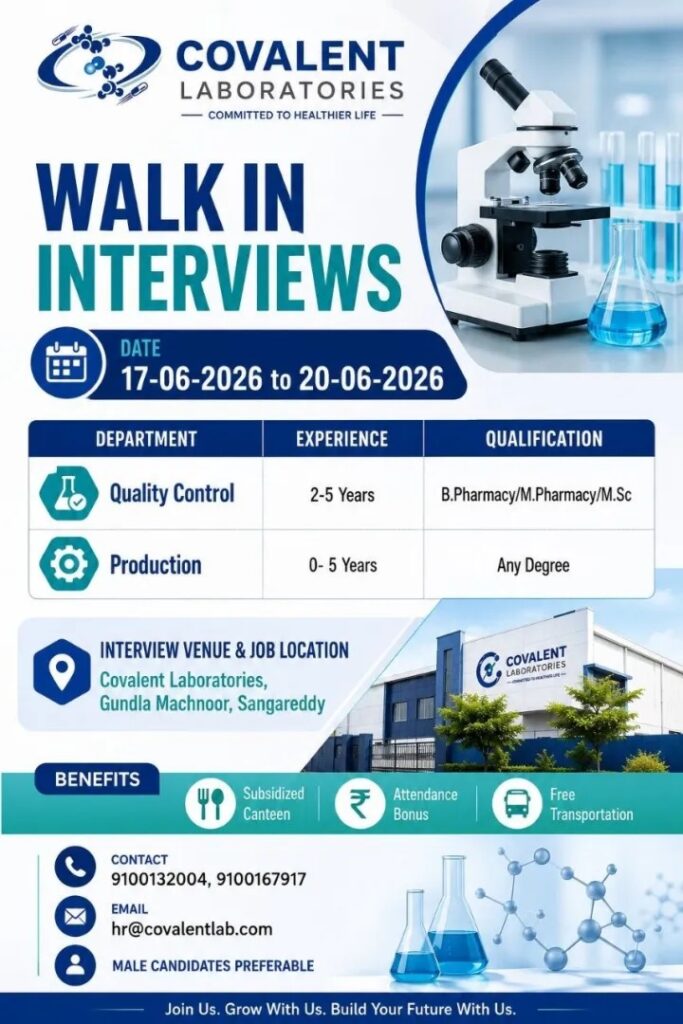 Covalent Laboratories Walk-In Interview for Quality Control and Production – Apply Now on 17 June 2026 to 20 June 2026