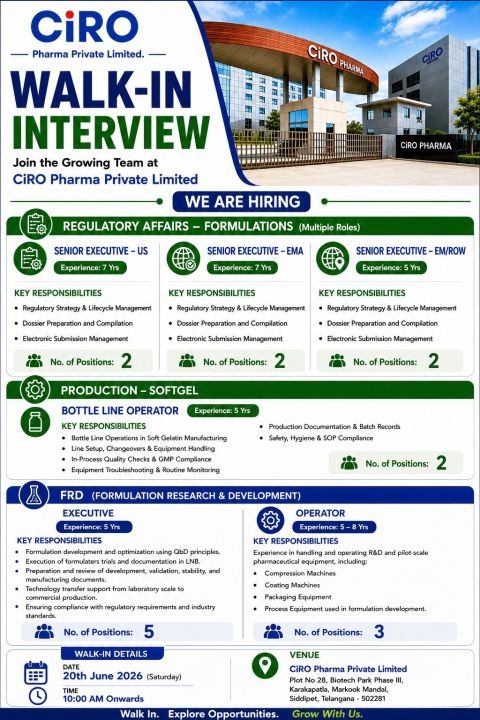 CIRO Pharma Private Limited Walk-In Interview | Regulatory Affairs, Production & FRD Jobs in Telangana on 20th June 2026 (Saturday)