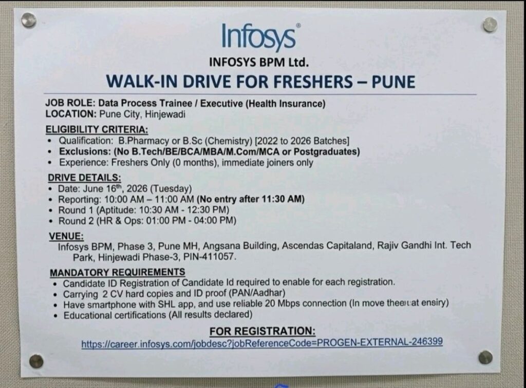 Infosys BPM Walk-In Drive for Freshers | Data Process Trainee & Executive Jobs in Pune on 16 June 2026 (Tuesday)
