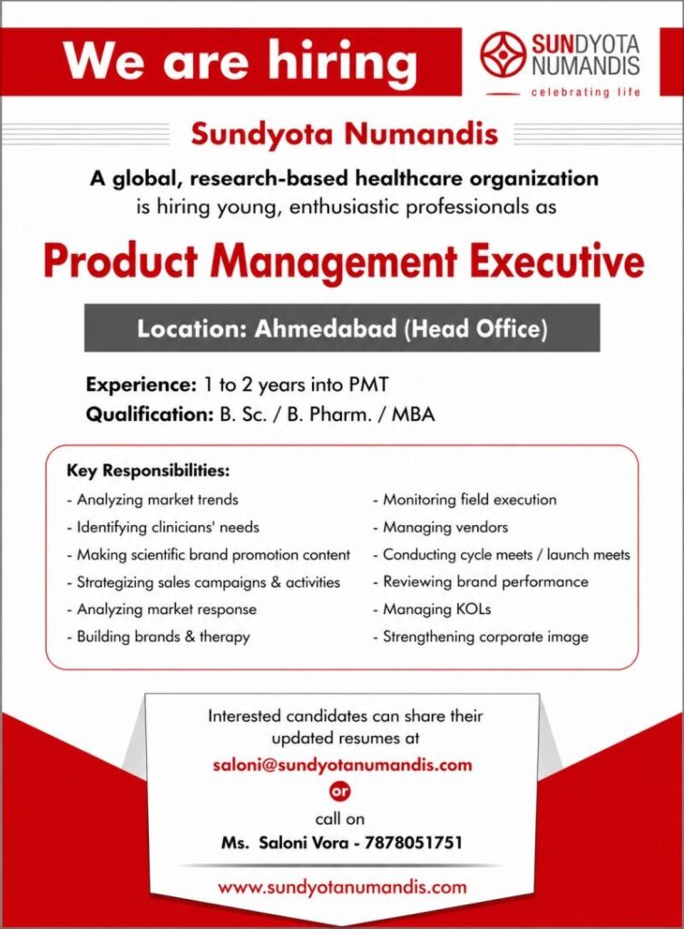 Product Management Executive Jobs in Ahmedabad – Sundyota Numandis Hiring Pharma Professionals