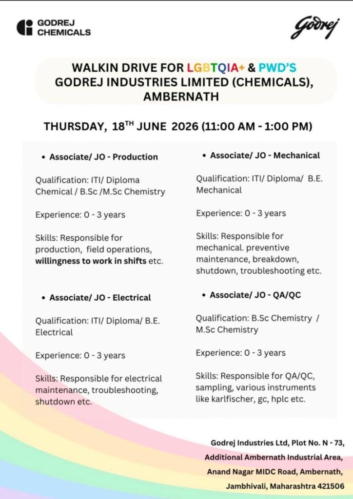 Godrej Chemicals Walk-In Drive for LGBTQIA+ & PWD Candidates | Production, QA/QC, Electrical & Mechanical Jobs in Ambernath on 18 June 2026 (Thursday)