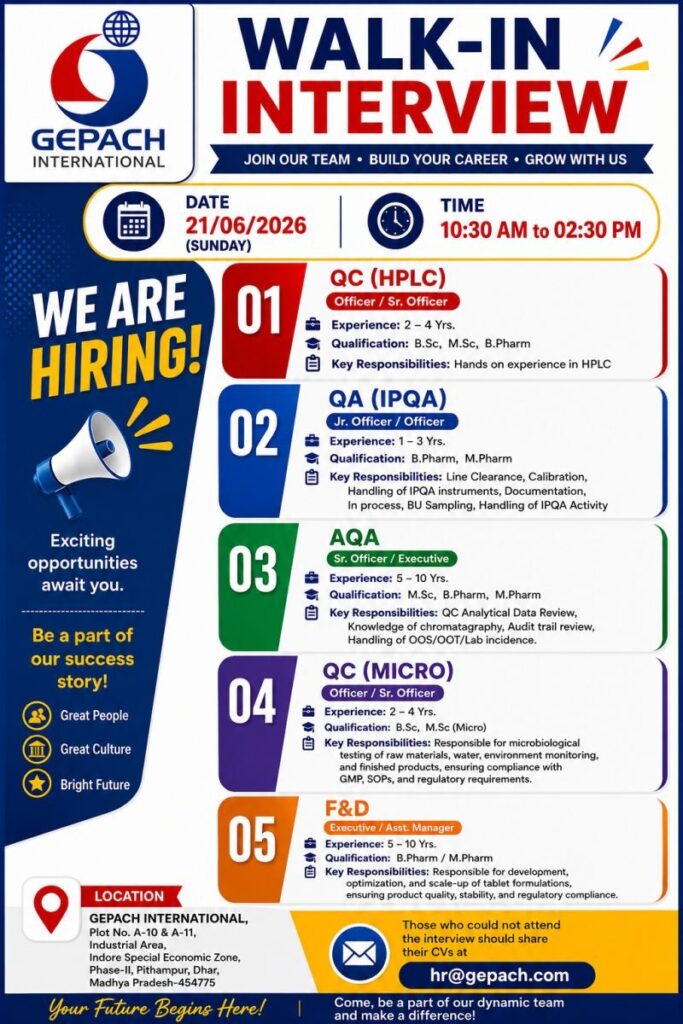 GEPACH International Walk-In Interview for QA, QC, AQA & F&D Professionals in Madhya Pradesh on 21 June 2026 (Sunday)