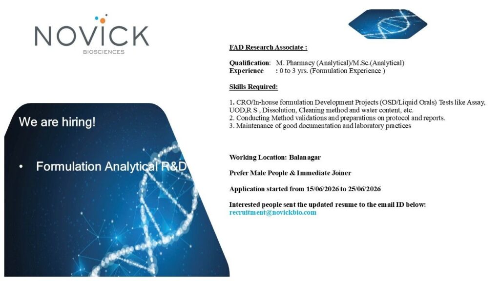 Novick Biosciences Hiring Formulation Analytical R&D Research Associates | Pharma Jobs in Hyderabad 2026