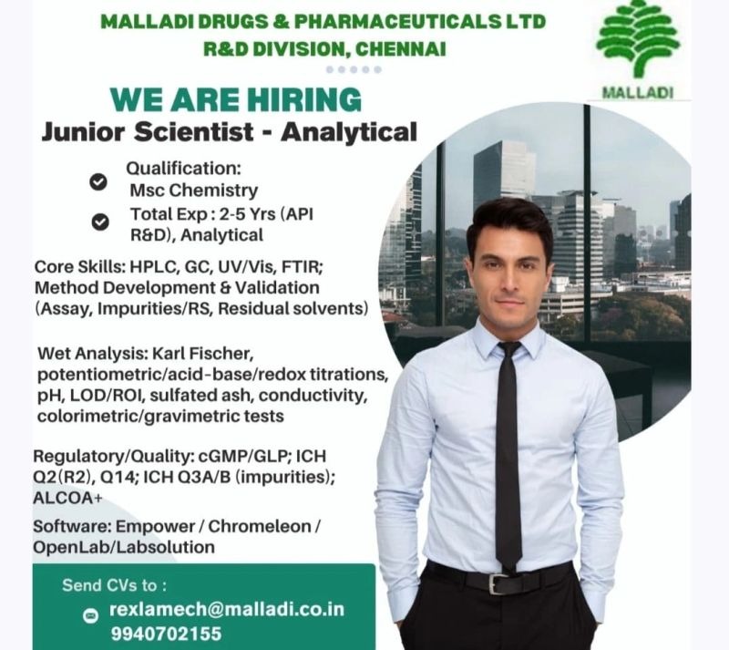 Malladi Drugs & Pharmaceuticals Ltd Hiring Junior Scientist – Analytical | API R&D Jobs in Chennai
