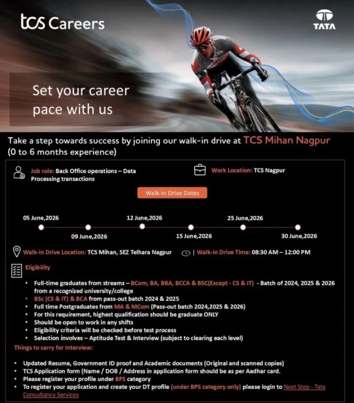 TCS Walk-In Drive for Freshers | Back Office Operations – Data Processing Jobs in Nagpur on 05 June 2026 - 30 June 2026