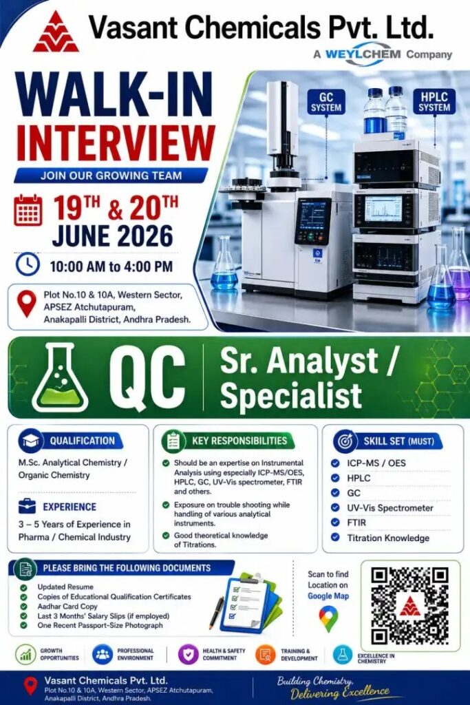 Vasant Chemicals Pvt. Ltd. Walk-In Interview for QC Specialist / Sr. Analyst – Pharma Jobs in Andhra Pradesh on on 19th & 20th June 2026
