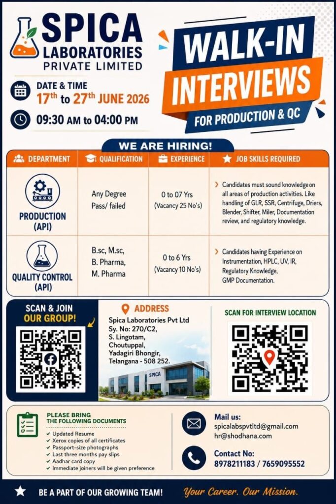 Spica Laboratories Walk-In Interview for Production & Quality Control Roles | Pharma Jobs in Telangana on 17th June 2026 to 27th June 2026