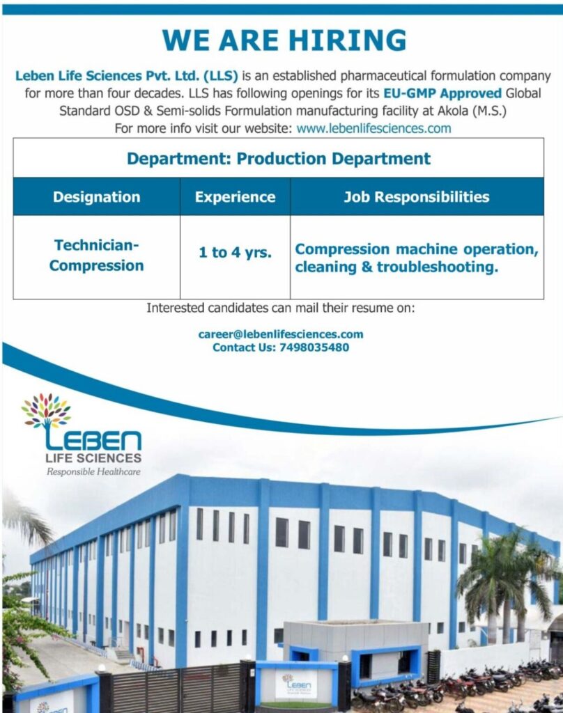 Leben Life Sciences Production Jobs – Technician Compression Vacancy at Akola, Maharashtra