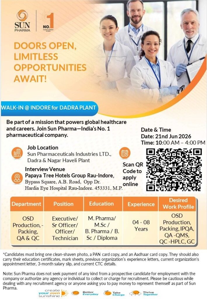 Sun Pharma Walk-In Interview for OSD Production, Packing, QA & QC Roles at Dadra Plant | Apply Now on 21 June 2026
