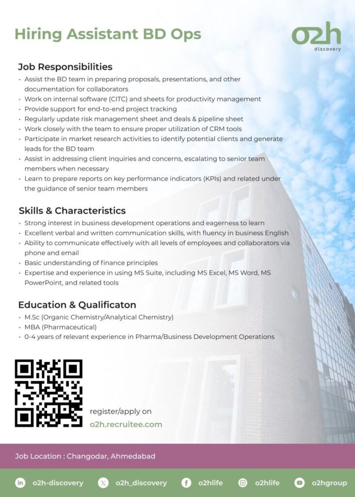 Assistant BD Ops Jobs at o2h Discovery | Pharma Business Development Careers in Ahmedabad