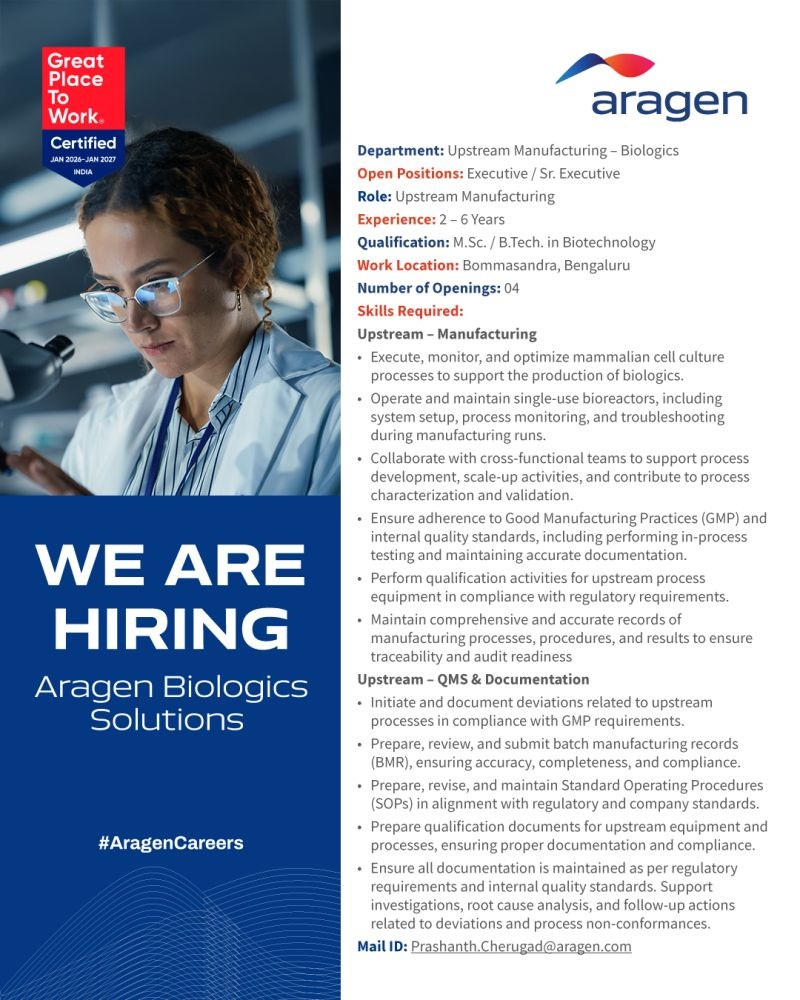 Aragen Biologics Solutions Hiring Executive / Sr. Executive – Upstream Manufacturing | Biologics Jobs in Bengaluru