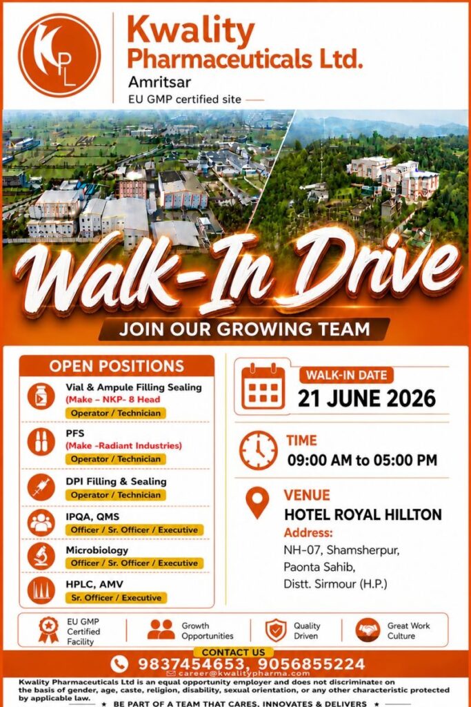 Kwality Pharmaceuticals Ltd Walk-In Interview for Production, QA, QC, IPQA, QMS & Microbiology Roles | Apply Now on 21 June 2026