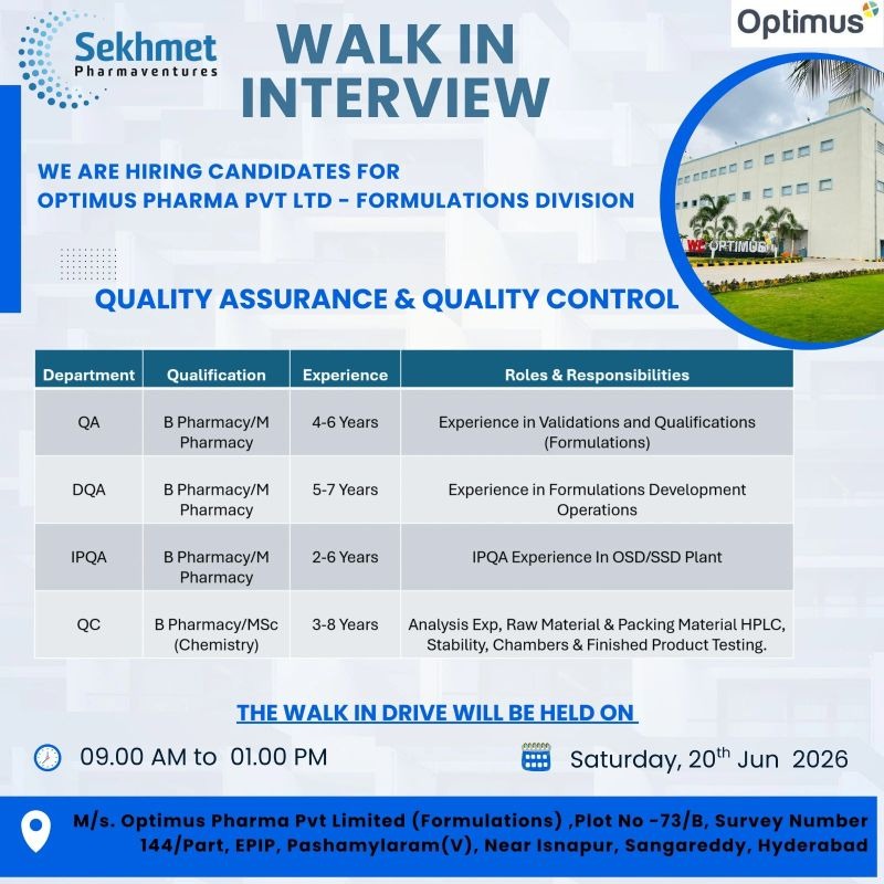Optimus Pharma Walk-In Interview for QA, DQA, IPQA & QC Professionals in Hyderabad on 20 June 2026 (Saturday)
