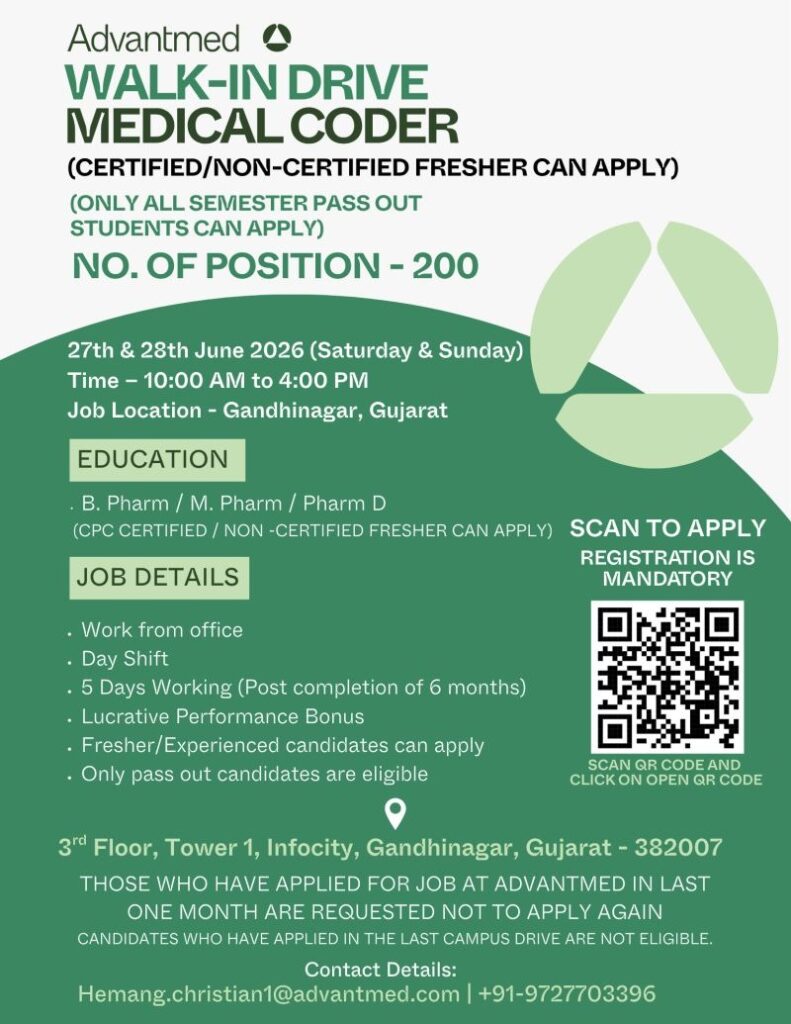 Advantmed Walk-In Drive for Medical Coders | Freshers & Experienced Pharma Graduates Can Apply on 27th June 2026 & 28th June 2026 (Saturday & Sunday)