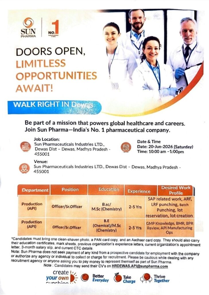 Sun Pharma Walk-In Interview for Production (API) Officers in Dewas | B.Sc, M.Sc & Chemical Engineering Jobs on 20 June 2026 (Saturday)