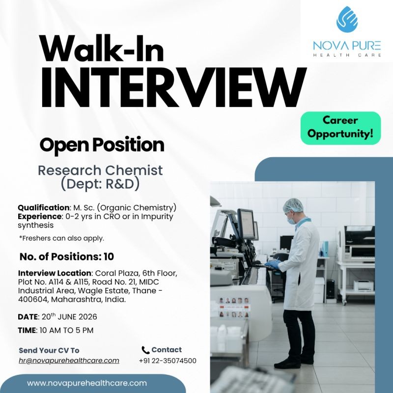 Nova Pure Health Care Walk-In Interview for Research Chemist (R&D) | Freshers Eligible | Apply Now on 20 June 2026