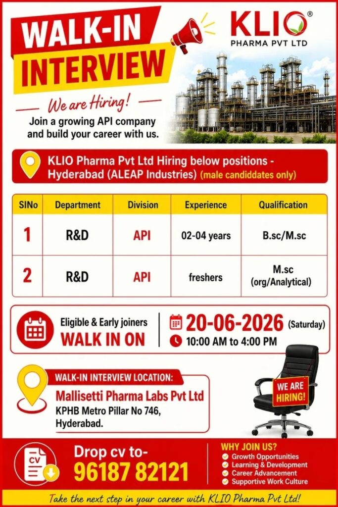 KLIO Pharma Walk-In Interview for R&D Freshers and Experienced Candidates in Hyderabad on 20 June 2026 (Saturday)