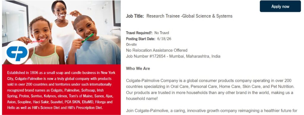 Research Trainee – Global Science & Systems at Colgate-Palmolive | Pharma Jobs in Mumbai