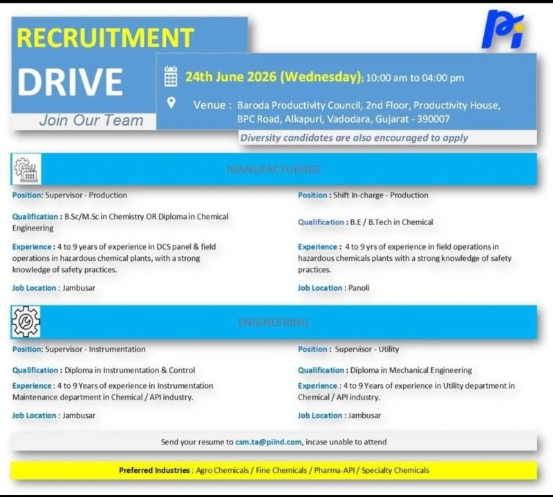 PI Industries Recruitment Drive | Walk-In Interview for Production and Engineering Professionals on 24 June 2026