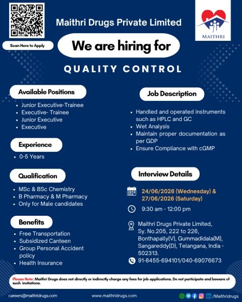 Maithri Drugs Walk-in Interview for Quality Control (QC) Professionals | Freshers & Experienced Candidates on 24 & 27 June 2026