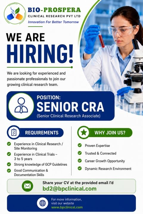 Bio-Prospera Clinical Research Pvt Ltd Hiring Senior Clinical Research Associate (Senior CRA) | Clinical Research Jobs in India