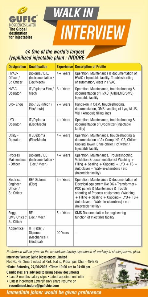 Gufic Biosciences Walk-In Interview for Engineering & Maintenance Professionals at Indore Injectable Plant on 27 June 2026 (Saturday)