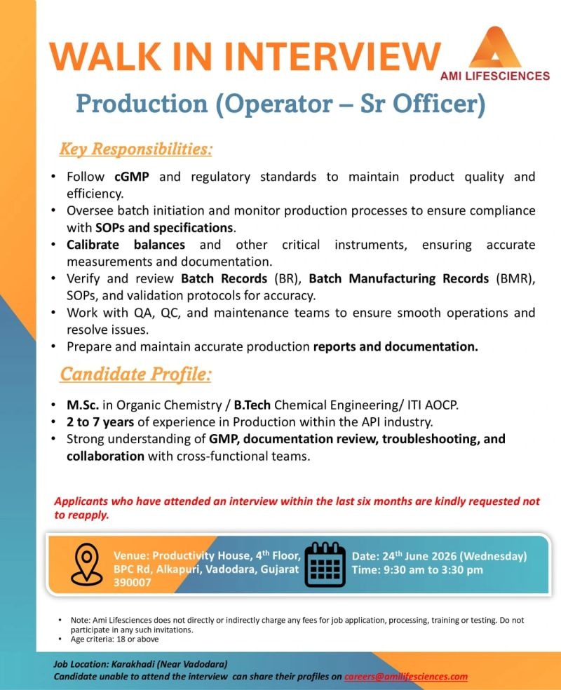 AMI Lifesciences Walk-In Interview for Production Professionals | API Pharma Jobs in Gujarat on 24 June 2026 (Wednesday)