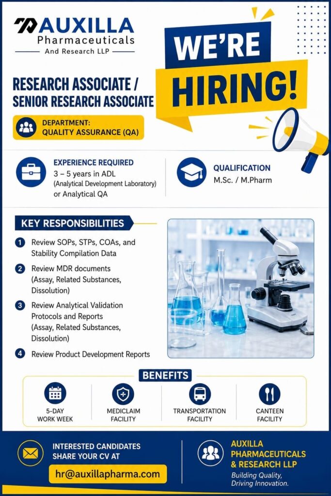 Auxilla Pharmaceuticals & Research LLP Hiring Research Associate / Senior Research Associate – Quality Assurance (QA)