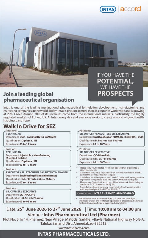 Intas Pharmaceuticals Walk-In Interview for QA, QC, Engineering & Technician Roles | Apply Now on 25th to 27th June 2026
