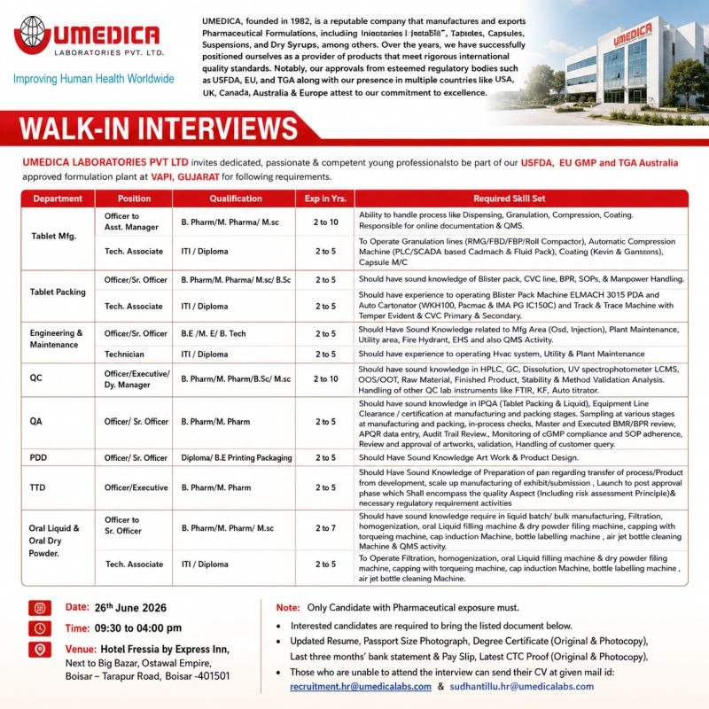 UMEDICA Laboratories Walk-In Interview for QA, QC, Production, Engineering & Packaging Roles | Apply Now on 26 June 2026