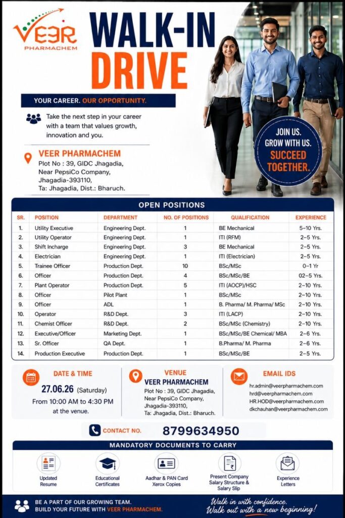 Veer Pharmachem Walk-In Interview for Production, QA, R&D, Engineering, ADL & Marketing Departments on 27 June 2026