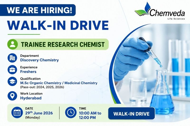 Chemveda Life Sciences Walk-in Interview for Trainee Research Chemist | Freshers | M.Sc Organic & Medicinal Chemistry | Hyderabad on 29 June 2026 (Monday)