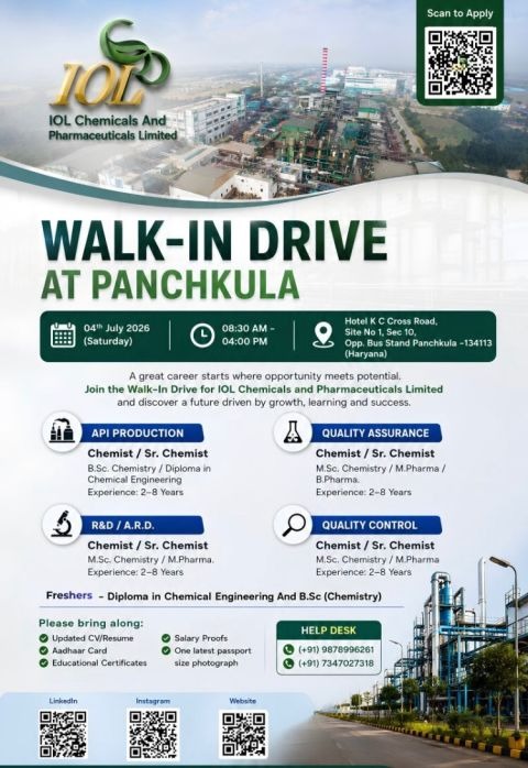 IOL Chemicals and Pharmaceuticals Limited Walk-in Interview | QA, QC, Production & R&D Pharma Jobs in India on 04 July 2026 (Saturday)